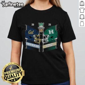2025 Hawaii Bowl matchup: Hawaii Rainbow Warriors vs California Golden Bears helmet graphic on ladies tee shirt.