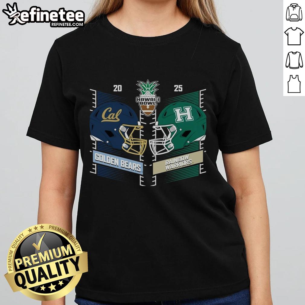 2025 Hawaii Bowl matchup: Hawaii Rainbow Warriors vs California Golden Bears helmet graphic on ladies tee shirt.