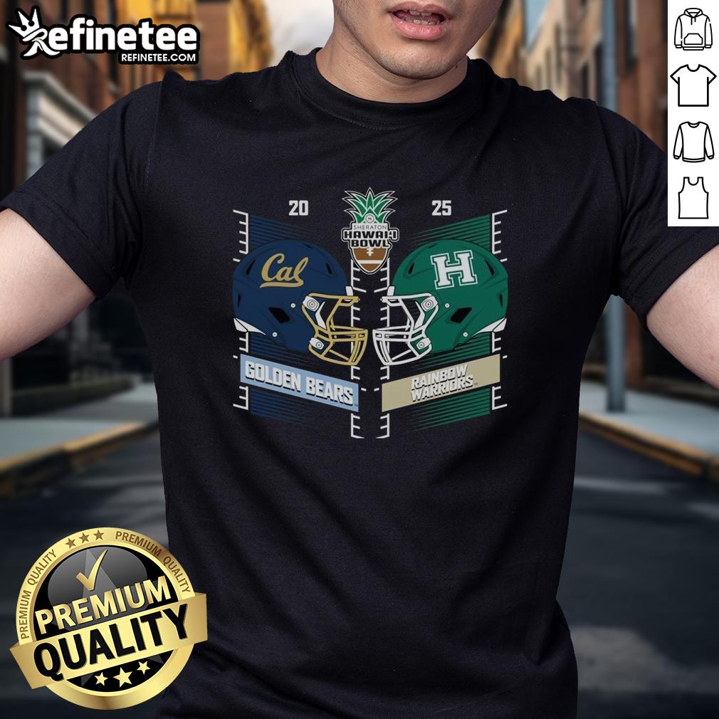 Alt Text: Official Hawaii Rainbow Warriors vs California Golden Bears 2025 Hawaii Bowl Heat to Heat helmet t-shirt design.