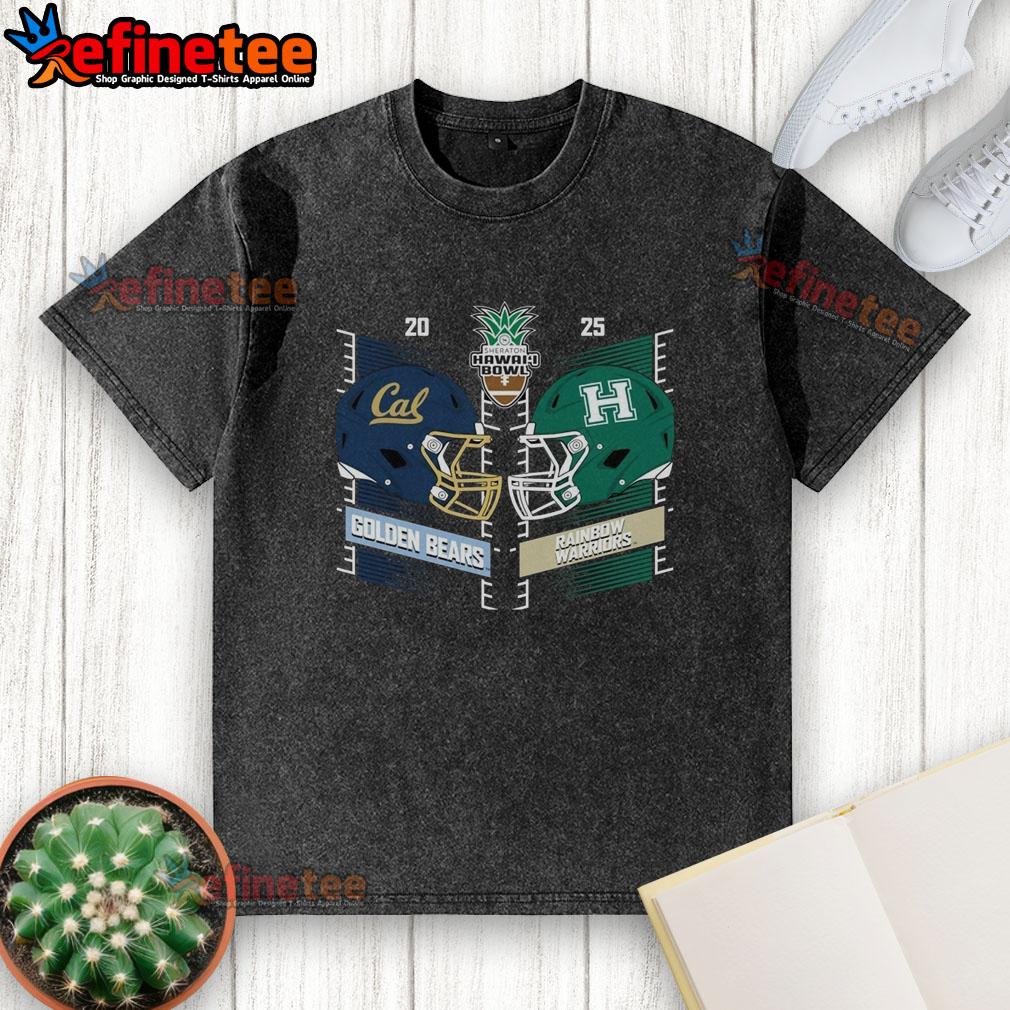 2025 Hawaii Bowl: Official Hawaii Rainbow Warriors vs California Golden Bears helmet washed t-shirt for fans.