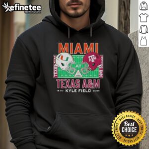 Alt Text: Official Miami Hurricanes vs Texas A&M Aggies 2025 college football helmets featured on a playoff hoodie.
