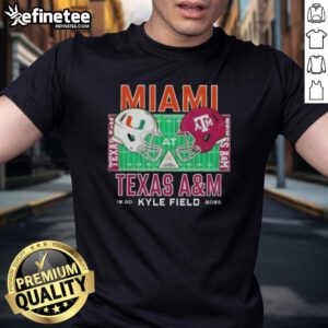 Official Miami Hurricanes vs Texas A&M Aggies 2025 College Football Helmets Playoff T-Shirt featuring team logos.