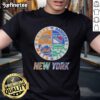 Alt Text: Official New York Knicks, Mets, Jets, Rangers mashup logo t-shirt featuring iconic team logos in vibrant colors.