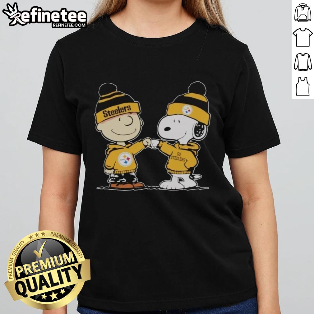 Official Pittsburgh Steelers Snoopy and Charlie Brown Best Friends Ladies Tee featuring iconic characters in team colors.