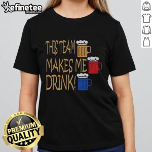 Official Pittsburgh Steelers This Team Makes Me Drink Ladies Tee in black, perfect for Steelers fans and game day attire.