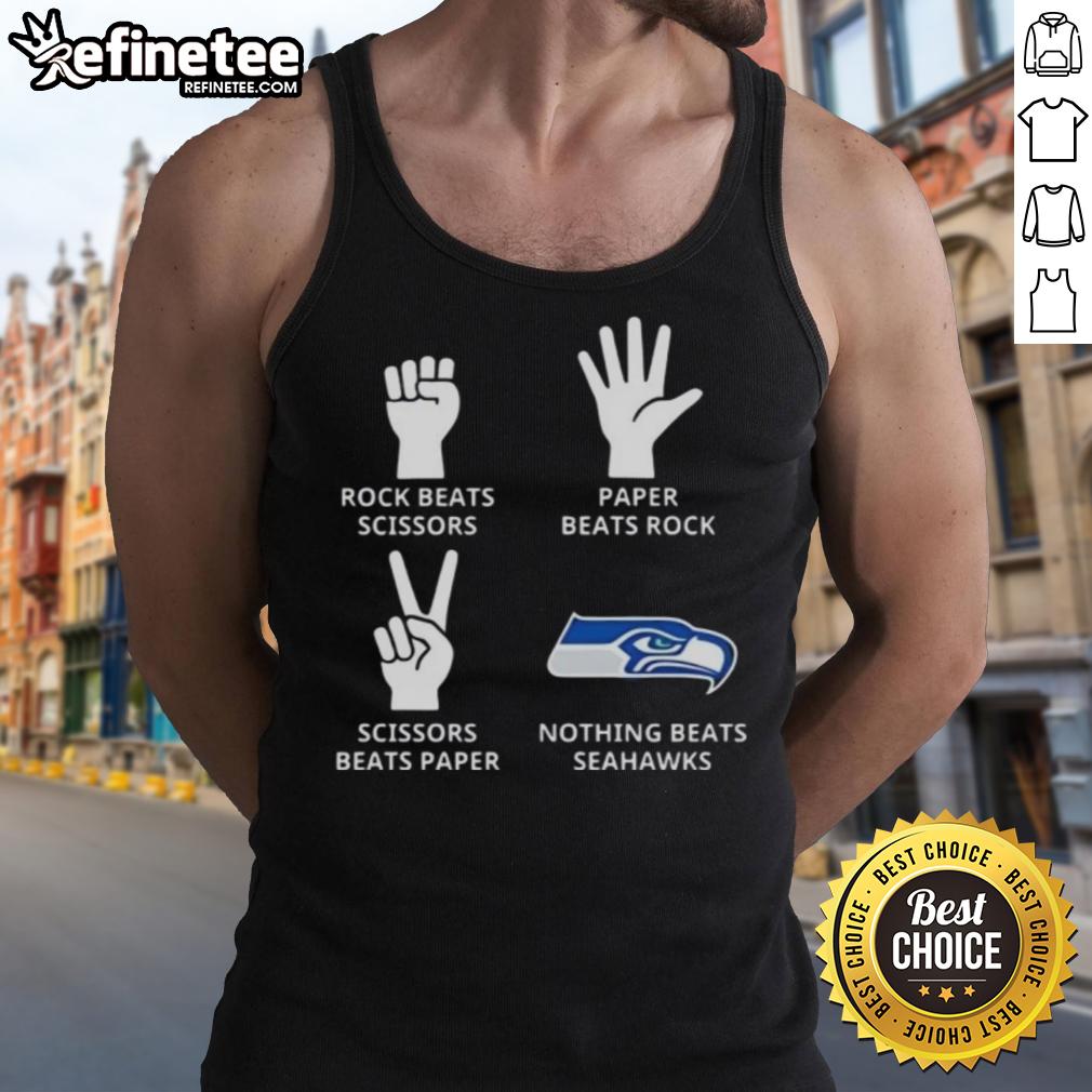 Official Seattle Seahawks tank top featuring 'Nothing Beats Rock, Scissors, Paper Beats Rock, Scissors Beats Paper' design.