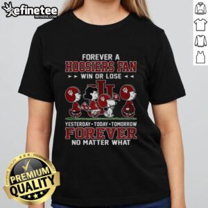 Official Peanuts Forever Indiana Hoosiers fan ladies tee showcasing team spirit with 'Win or Lose, Forever' slogan.