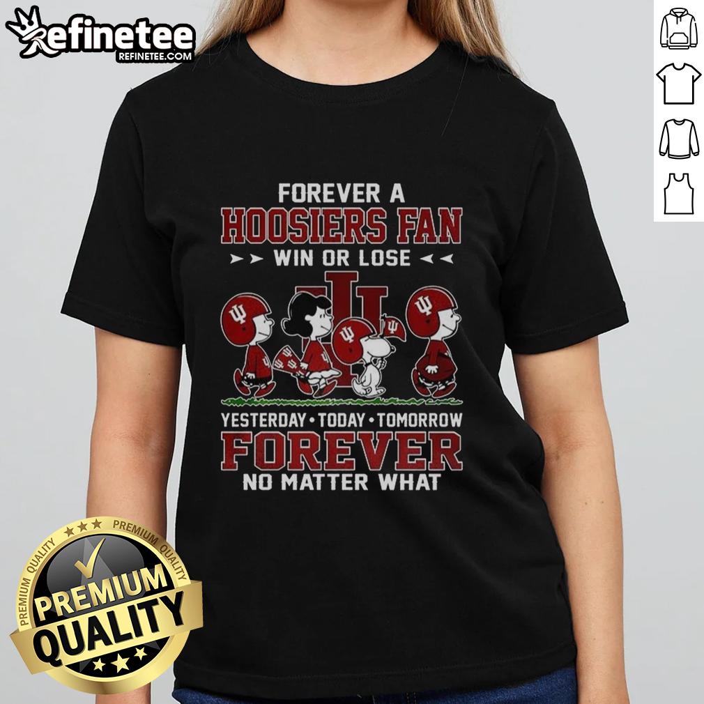 Official Peanuts Forever Indiana Hoosiers fan ladies tee showcasing team spirit with 'Win or Lose, Forever' slogan.