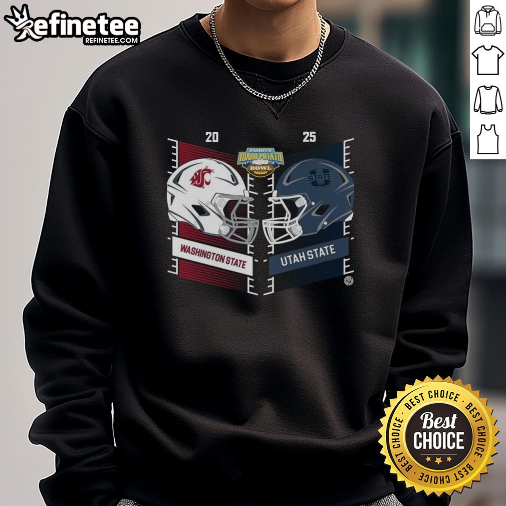 Official Washington State Cougars vs Utah State Aggies 2025 Famous Idaho Potato Bowl helmet sweatshirt, showcasing team logos.