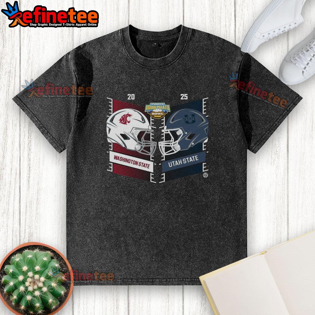 Official Washington State Cougars vs Utah State Aggies 2025 Famous Idaho Potato Bowl helmet washed T-shirt design.