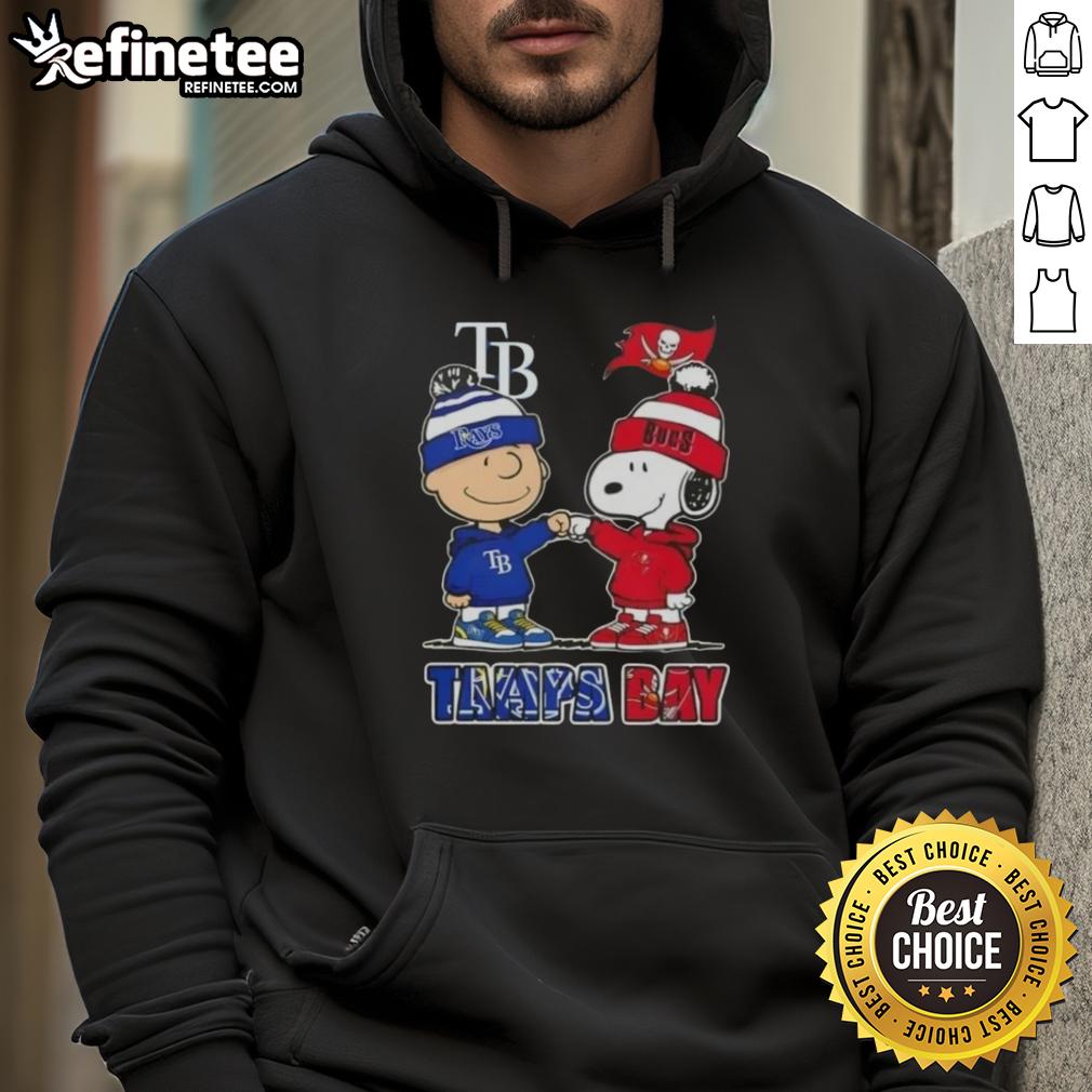 Original Charlie Brown fist bump with Snoopy on a Tampa Bay City sports hoodie for Rays and Buccaneers fans.