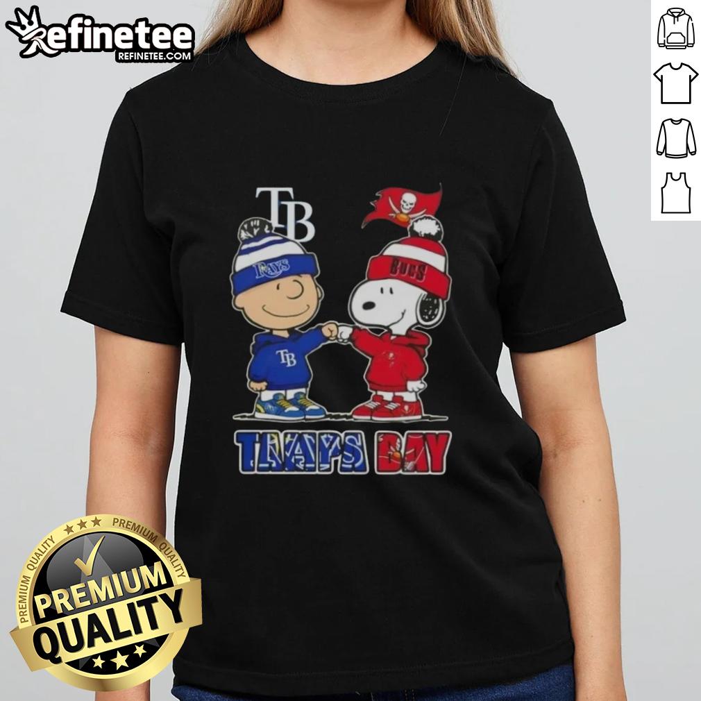 Alt Text: Original Charlie Brown fist bump with Snoopy, celebrating Tampa Bay sports - Rays and Buccaneers ladies tee design.