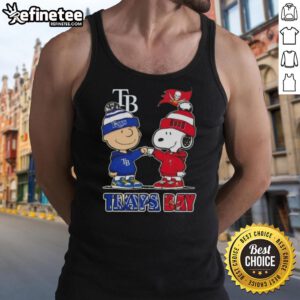 Original Charlie Brown fist bump with Snoopy on Tampa Bay sports tank top featuring Rays and Buccaneers design.