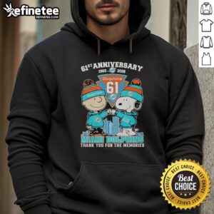 Original Miami Dolphins outfit hoodie featuring Snoopy and Charlie Brown for the 61st Anniversary 1965-2026.
