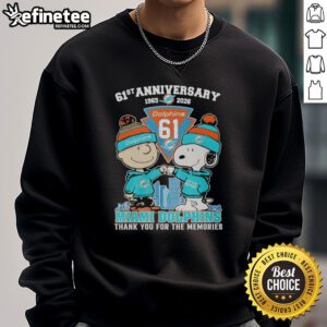 Original Miami Dolphins outfit featuring Snoopy and Charlie Brown for the 61st Anniversary 1965-2026 sweatshirt.