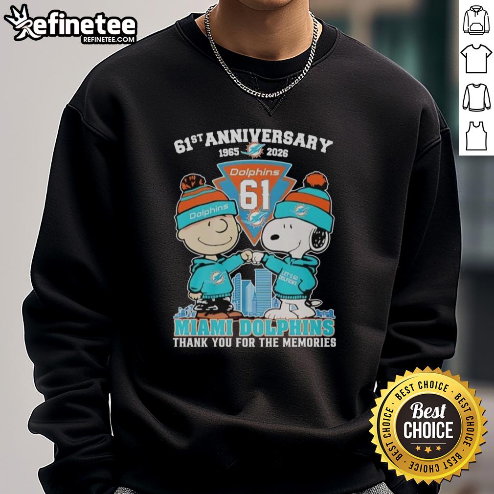 Original Miami Dolphins outfit featuring Snoopy and Charlie Brown for the 61st Anniversary 1965-2026 sweatshirt.