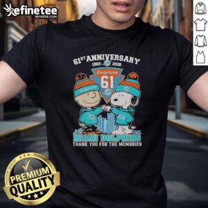 Original Miami Dolphins outfit featuring Snoopy and Charlie Brown, celebrating the 61st anniversary from 1965 to 2026.