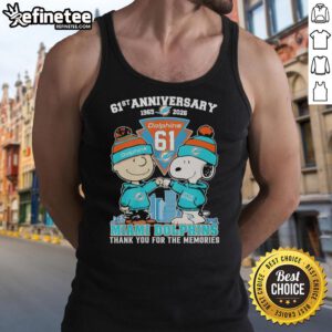 Alt Text: Original Miami Dolphins outfit featuring Snoopy and Charlie Brown tank top for the 61st anniversary, 1965-2026.