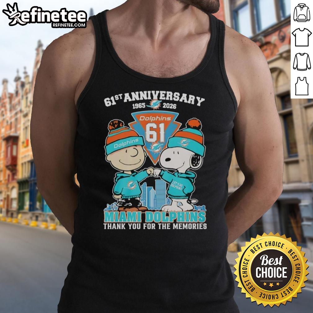 Alt Text: Original Miami Dolphins outfit featuring Snoopy and Charlie Brown tank top for the 61st anniversary, 1965-2026.