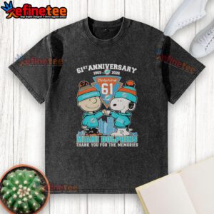 Original Miami Dolphins outfit featuring Snoopy and Charlie Brown, celebrating 61st anniversary 1965-2026 on a washed t-shirt.