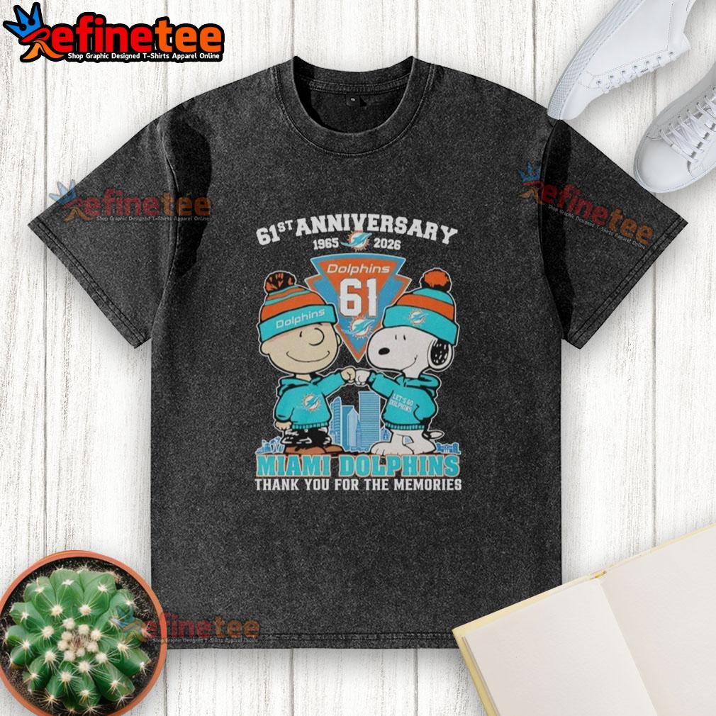 Original Miami Dolphins outfit featuring Snoopy and Charlie Brown, celebrating 61st anniversary 1965-2026 on a washed t-shirt.