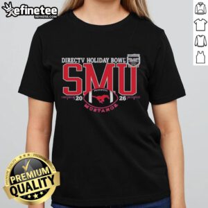 Alt Text: 2026 Original SMU Mustangs Holiday Bowl football ladies tee featuring vibrant team colors and logo.