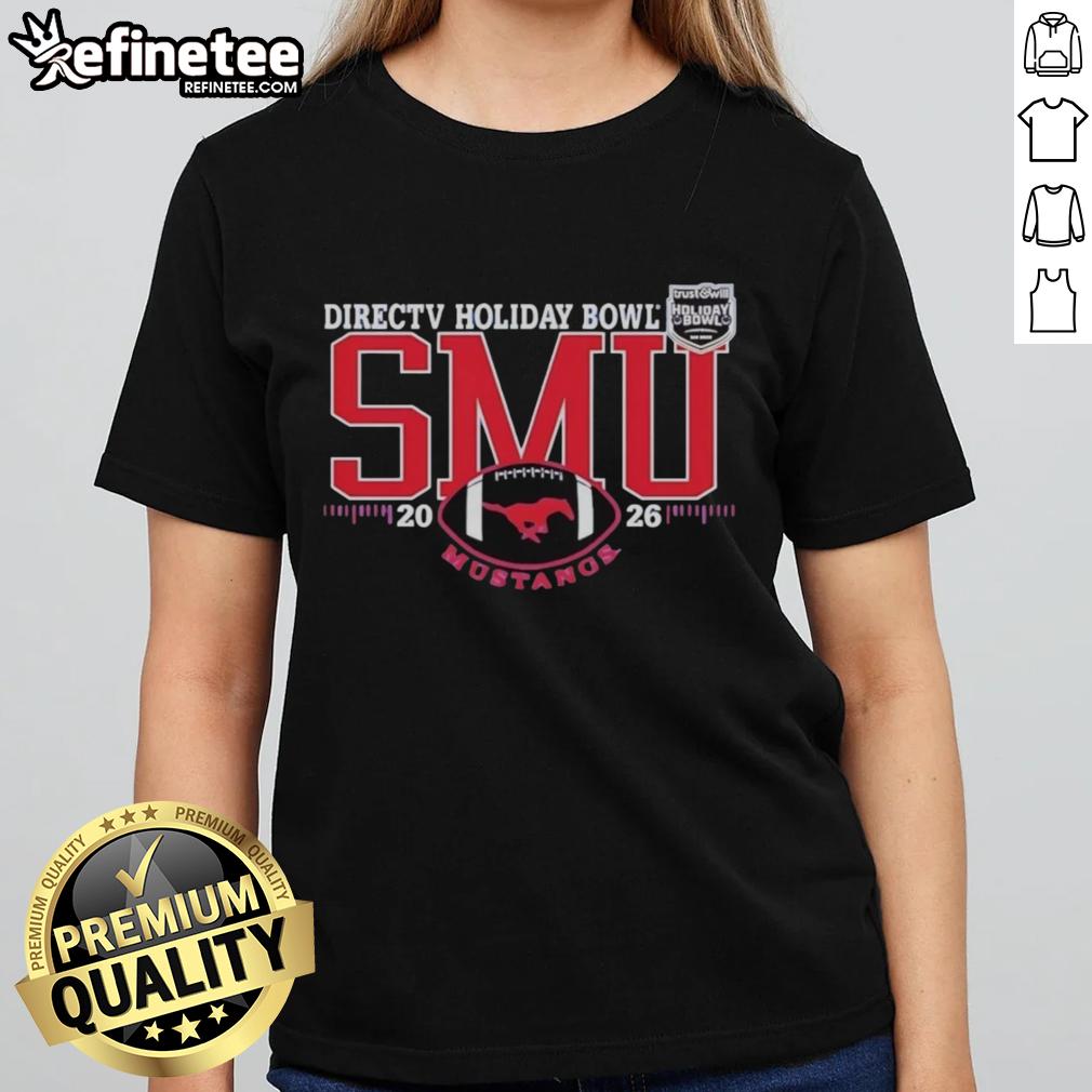 Alt Text: 2026 Original SMU Mustangs Holiday Bowl football ladies tee featuring vibrant team colors and logo.