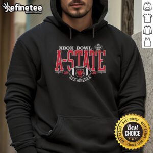 Premium A-State Red Wolves Xbox Bowl 2025 hoodie featuring team colors and logo, perfect for fans and gamers.
