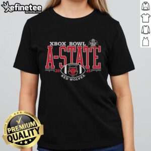 Premium A-State Red Wolves Xbox Bowl 2025 ladies tee featuring vibrant team colors and stylish design for fans.