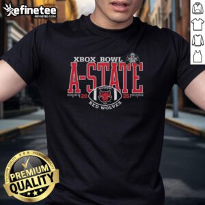 Alt Text: Premium A-State Red Wolves Xbox Bowl 2025 T-Shirt featuring vibrant team colors and logo for fans and supporters.