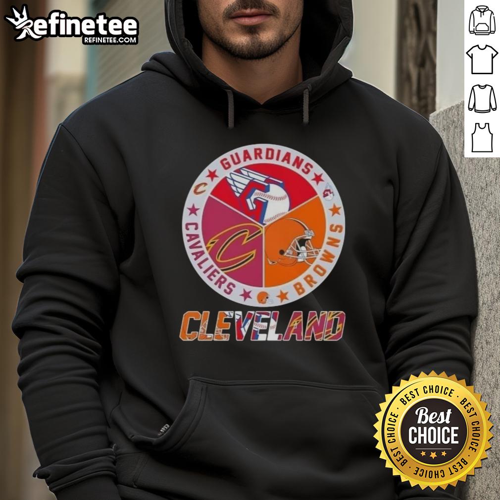 Alt Text: Premium Cleveland City Sports hoodie featuring Guardians, Browns, and Cavaliers logos for ultimate fan style.