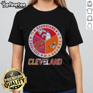 Premium Cleveland City Sports Guardians Browns Cavaliers logo ladies tee with stylish design for sports fans.