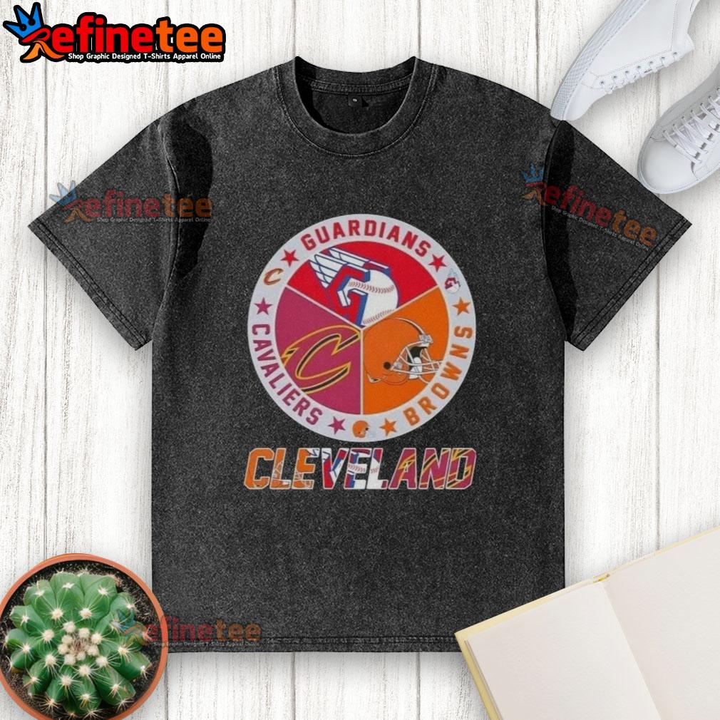 Premium Cleveland City Sports Guardians Browns Cavaliers logo washed t-shirt, perfect for sports fans.