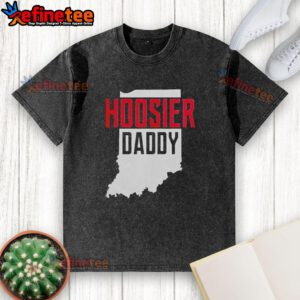 Alt Text: Premium Hoosier Daddy Indiana State Map washed t-shirt featuring a vintage design and soft fabric, perfect for Indiana fans.