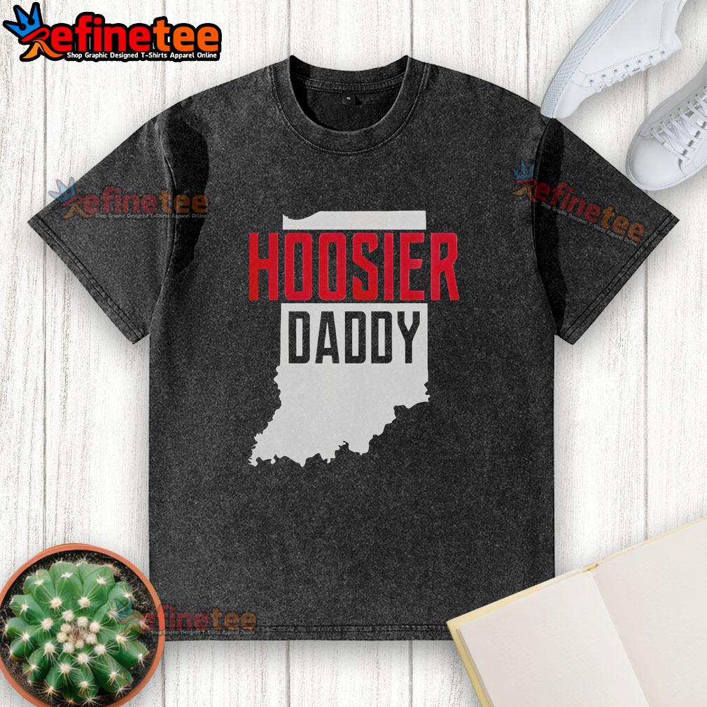 Alt Text: Premium Hoosier Daddy Indiana State Map washed t-shirt featuring a vintage design and soft fabric, perfect for Indiana fans.
