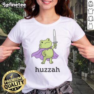 Premium Huzzah Frog Ladies Tee featuring a vibrant frog graphic, perfect for casual outfits and nature lovers.