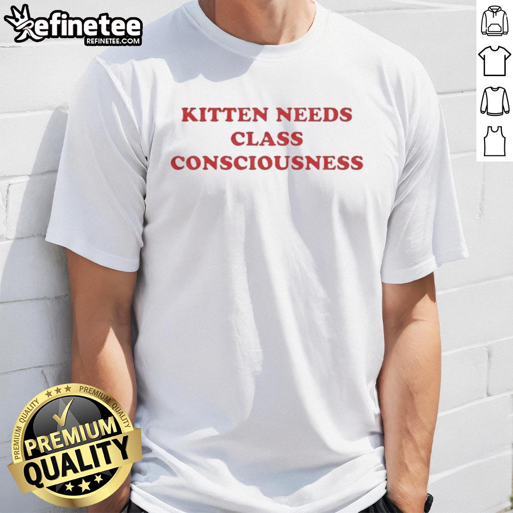 Premium Kitten Needs Class Consciousness T-Shirt featuring a cute kitten graphic and stylish text design, perfect for cat lovers.
