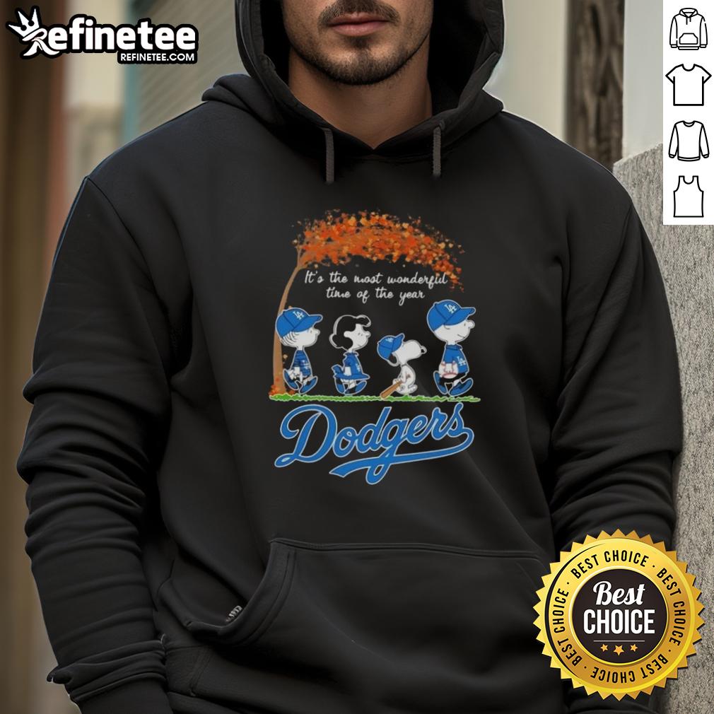 Alt Text: Premium Los Angeles Dodgers x Peanuts Snoopy hoodie for autumn, celebrating 'It's The Most Wonderful Time Of The Year'.