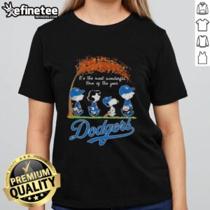 Premium Los Angeles Dodgers X Peanuts Snoopy autumn ladies tee celebrating the most wonderful time of the year.