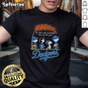 Premium Los Angeles Dodgers X Peanuts Snoopy and Friends autumn T-shirt celebrating the most wonderful time of the year.