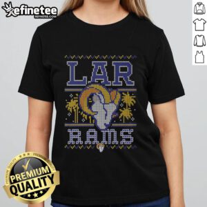 Premium Los Angeles Rams Holiday Ladies Tee in festive design, perfect for game day and holiday celebrations.