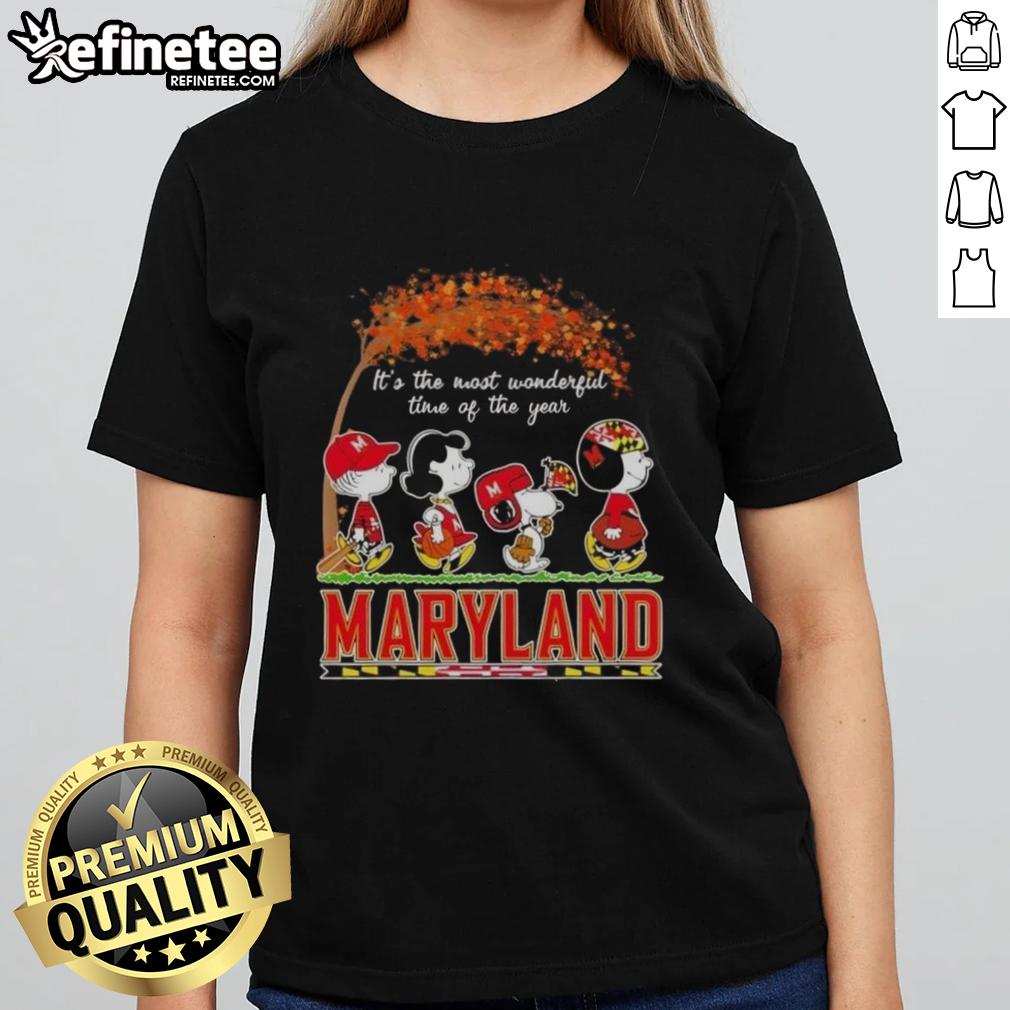 Premium Maryland Terrapins X Peanuts Snoopy and Friends autumn ladies tee celebrating the most wonderful time of the year.