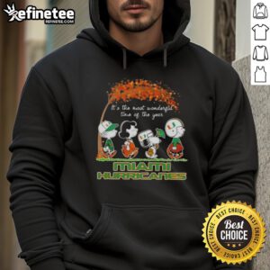 Premium Miami Hurricanes X Peanuts Snoopy and Friends hoodie for autumn, featuring vibrant graphics and cozy design.