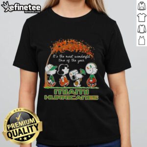 Premium Miami Hurricanes X Peanuts Snoopy and Friends autumn ladies tee celebrating the most wonderful time of the year.