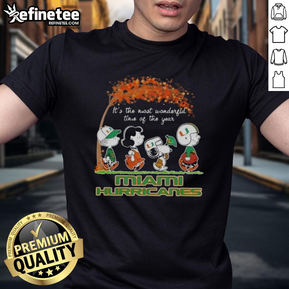 Premium Miami Hurricanes X Peanuts Snoopy T-Shirt for autumn, celebrating 'It's The Most Wonderful Time Of The Year'.