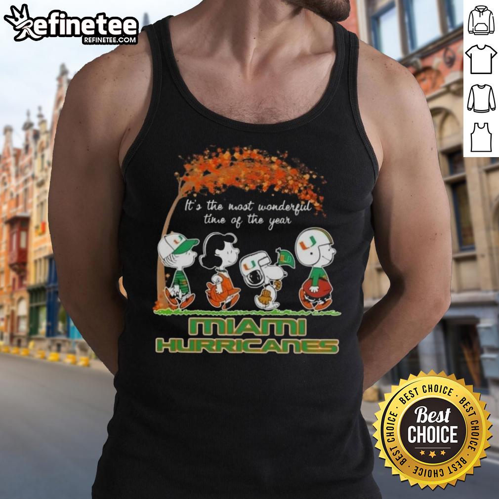 Premium Miami Hurricanes X Peanuts Snoopy tank top celebrating autumn and the holidays, perfect for fans and festive wear.