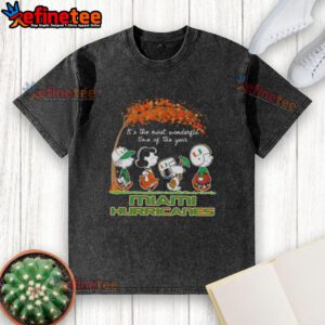 Premium Miami Hurricanes X Peanuts Snoopy and Friends autumn washed t-shirt, perfect for fall festivities and game day.