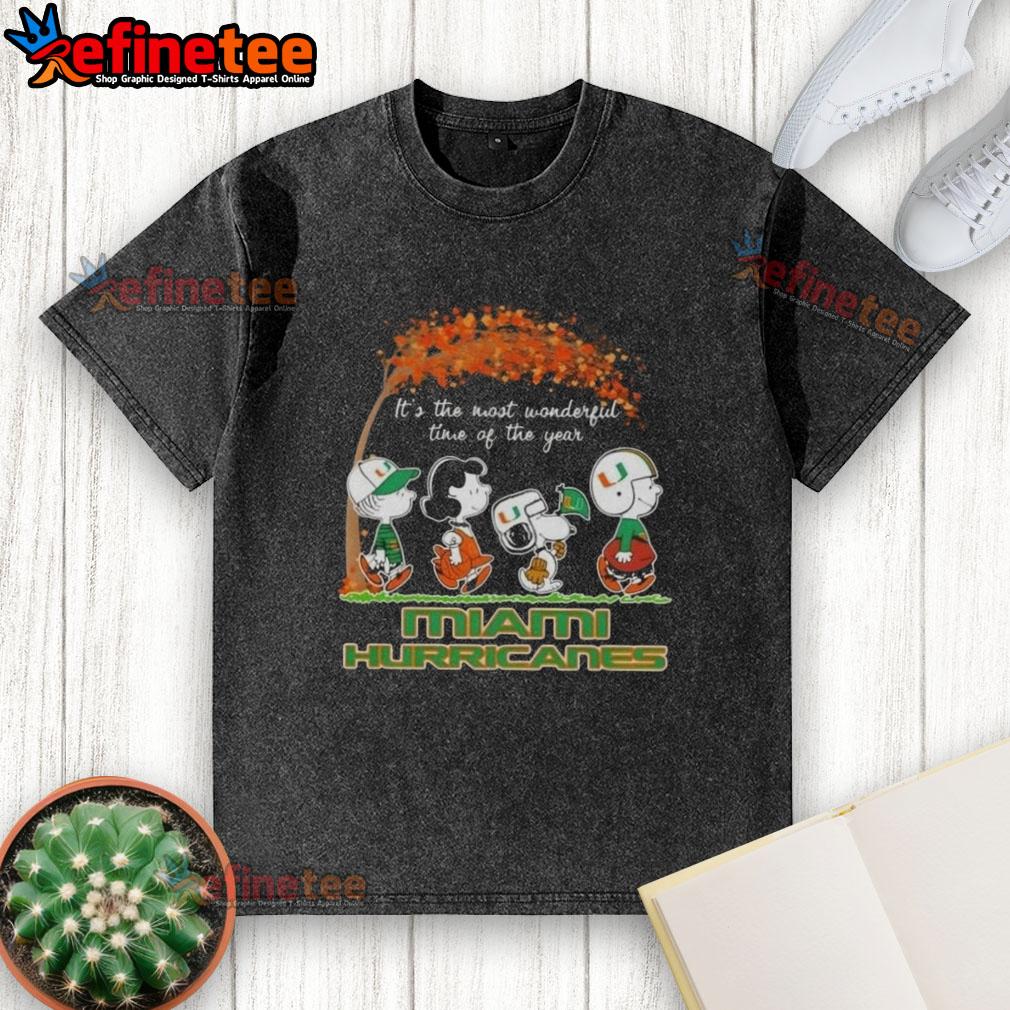 Premium Miami Hurricanes X Peanuts Snoopy and Friends autumn washed t-shirt, perfect for fall festivities and game day.