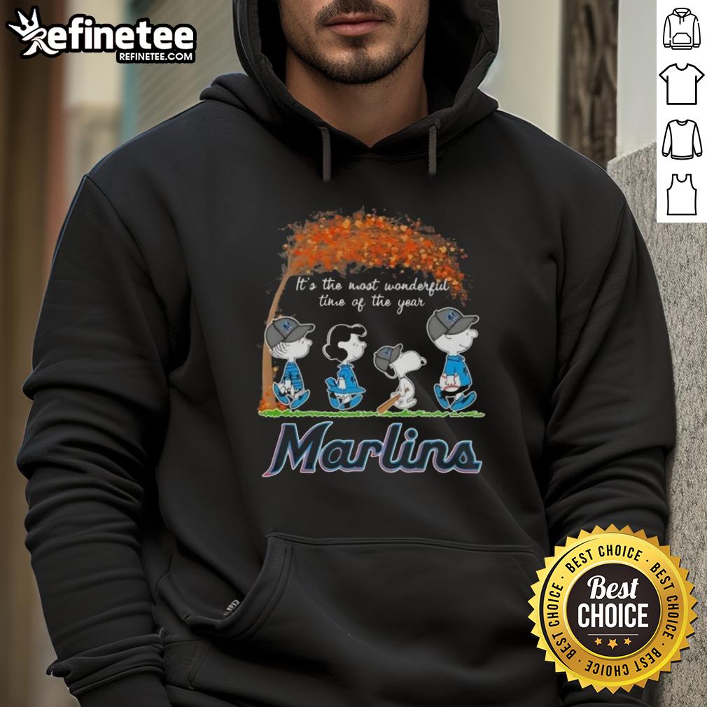Alt Text: Premium Miami Marlins X Peanuts Snoopy and Friends hoodie featuring autumn design, perfect for the holiday season.