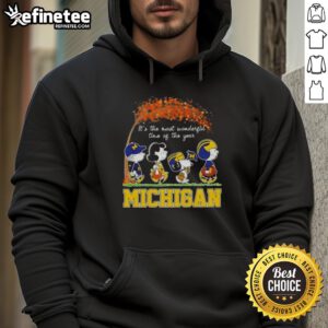 Premium Michigan Wolverines X Peanuts Snoopy hoodie for autumn, celebrating 'It's The Most Wonderful Time Of The Year'.